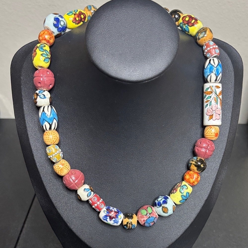 Colorful Ceramic Beaded Statement Boho Mixed Media Spring Summer Necklace